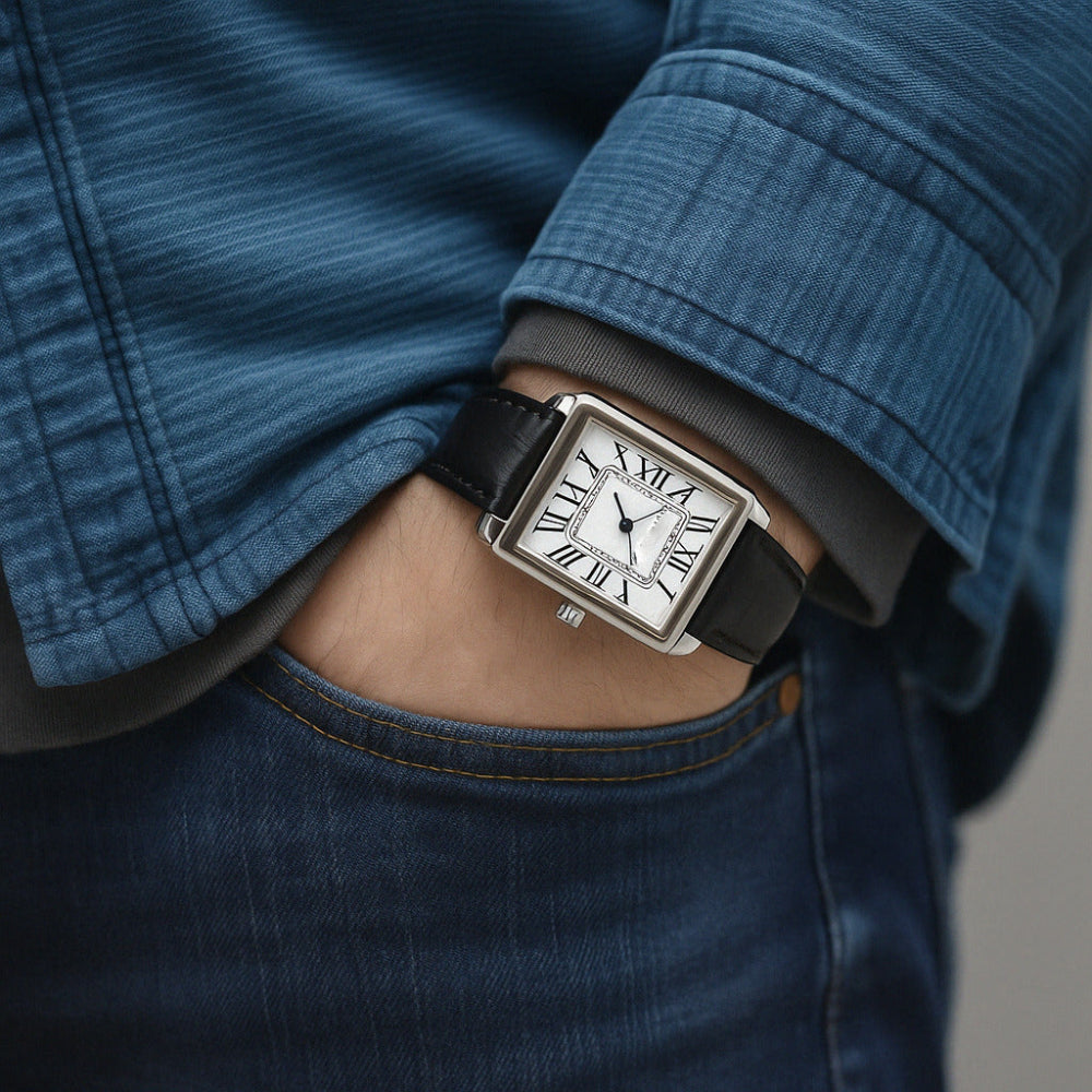 Klassische Herren-Armbanduhr mit eckigem Zifferblatt im Retro-Design