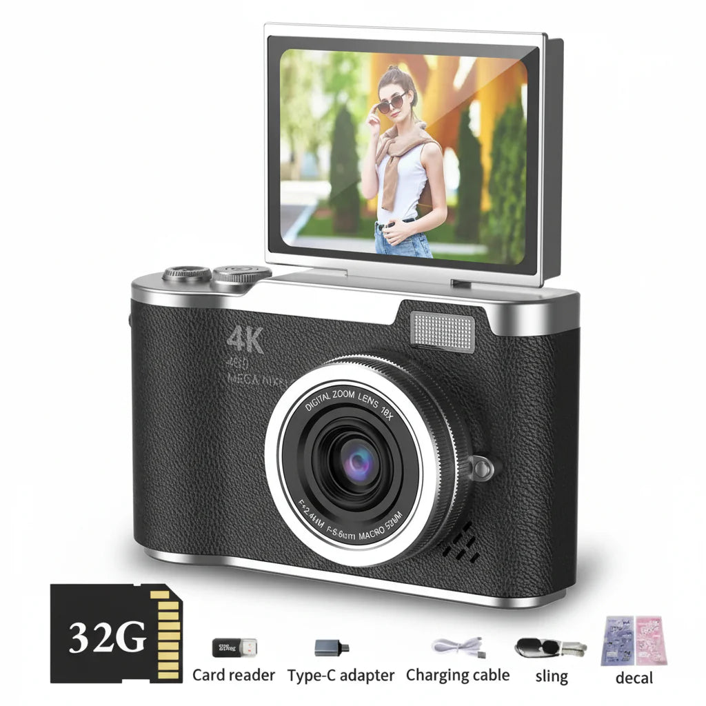 Digitalkamera 4K mit klappbarem Display, 48 MP, 8× Zoom, Kompaktkamera für Foto und Video