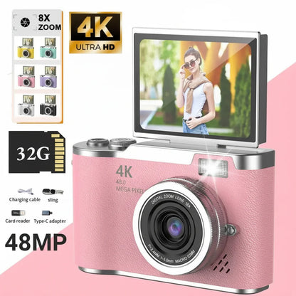 Digitalkamera 4K mit klappbarem Display, 48 MP, 8× Zoom, Kompaktkamera für Foto und Video