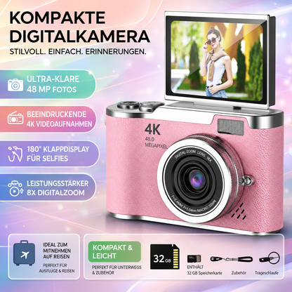 Digitalkamera 4K mit klappbarem Display, 48 MP, 8× Zoom, Kompaktkamera für Foto und Video