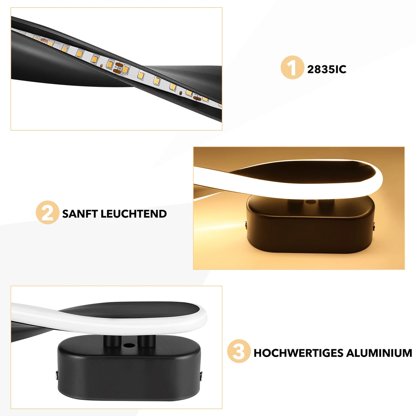 LED Spiral-Wandleuchte Schwarz – Moderne Wandlampe Warmweiß für Wohnzimmer & Schlafzimmer