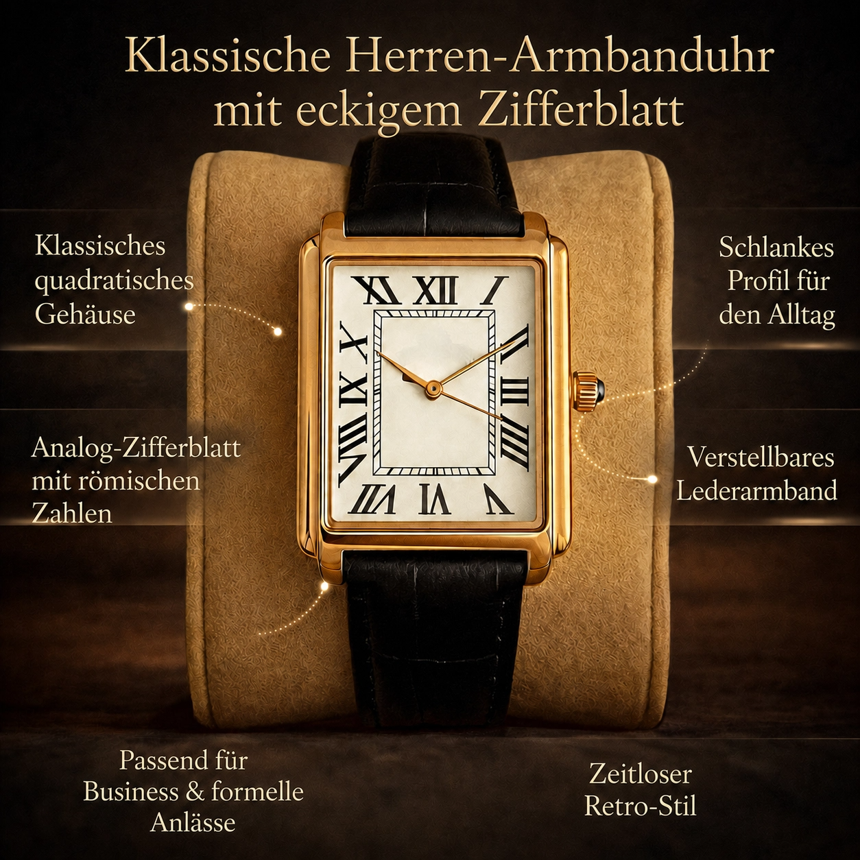 Klassische Herren-Armbanduhr mit eckigem Zifferblatt im Retro-Design