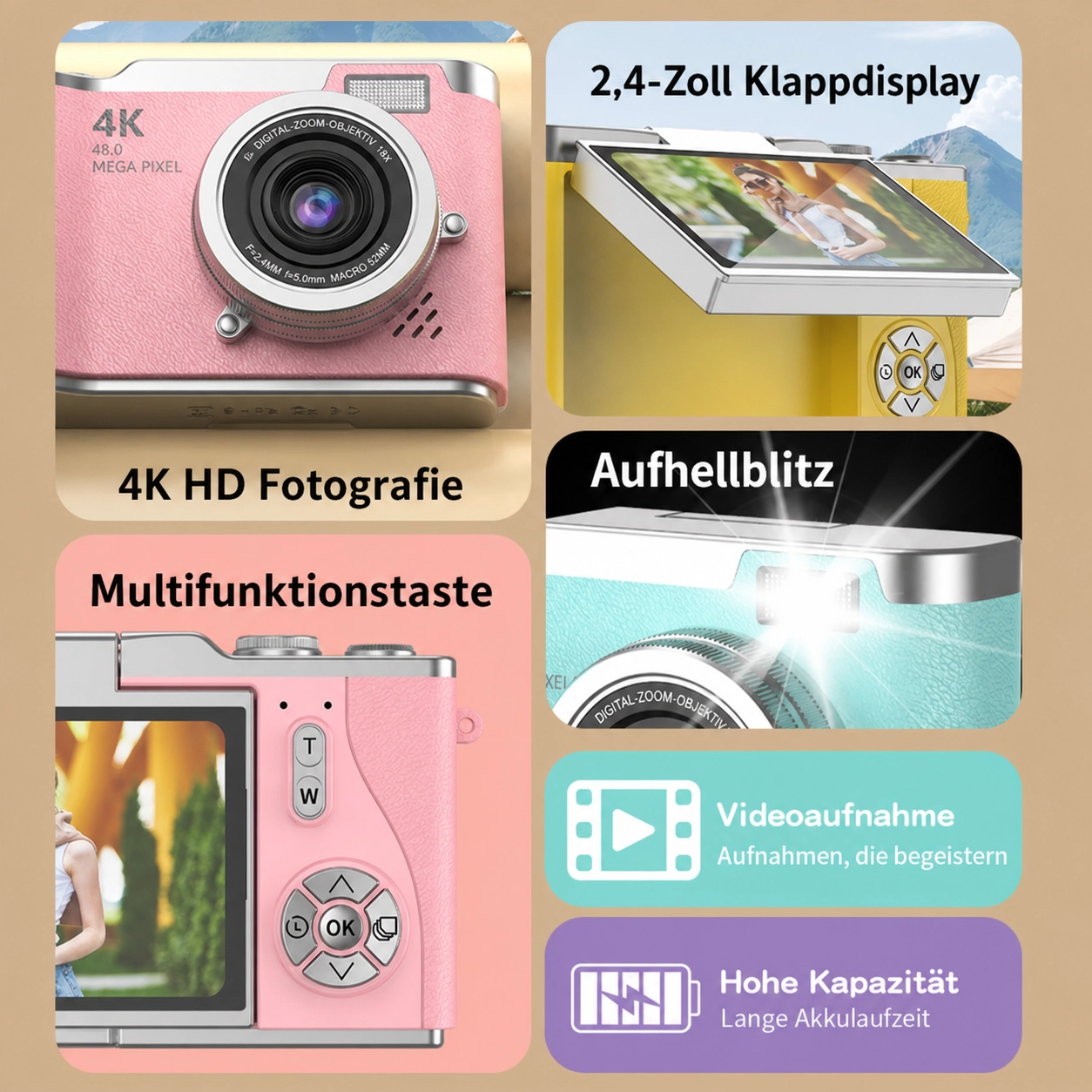 Digitalkamera 4K mit klappbarem Display, 48 MP, 8× Zoom, Kompaktkamera für Foto und Video